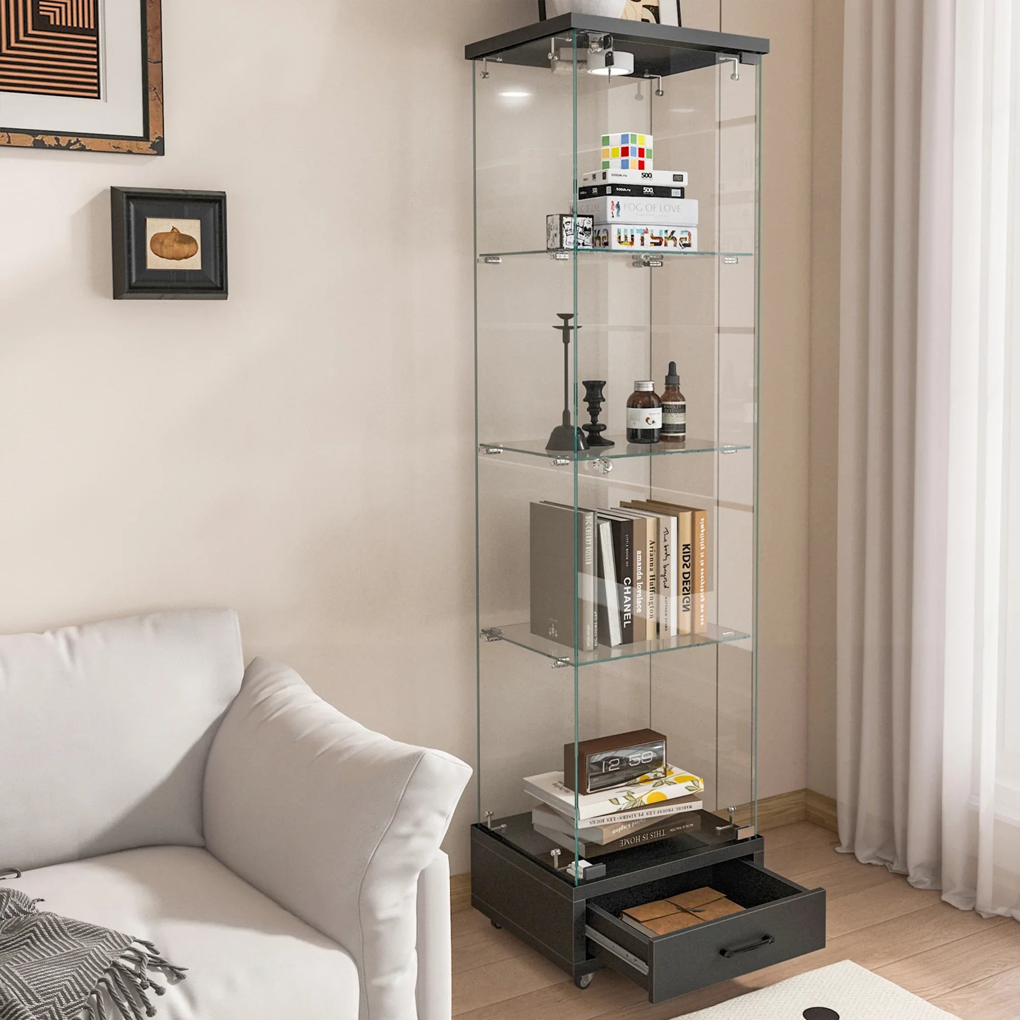 Modern Glass Display Cabinet with Drawer , Quick-assembly Antique Cabinet with LED lights, Tempered Glass Bookshelf, 1-Door Storage Case with 4 Shelves for Living Room and Bedroom, black - Eloy Royal