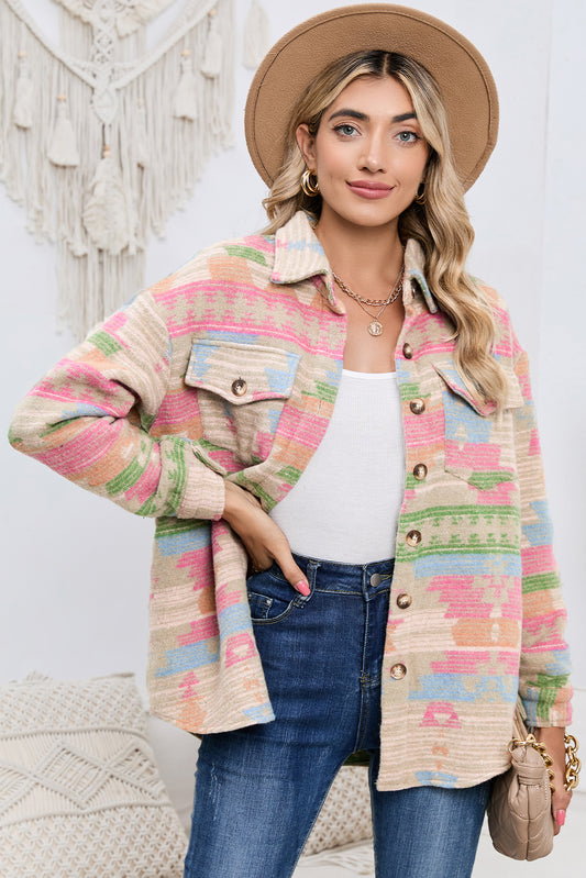 Multicolor Button Up Flap Pockets Geometric Jacket for Women - Eloy Royal