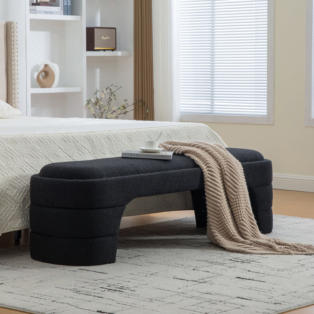 64.96'Wide Modern Upholstered Armless Upholstered Bedroom Benches End of Bed Bench for Entryway, Chenille Ottoman Foot Stool for Living Room and Bedroom, Entryway, Black Boucle