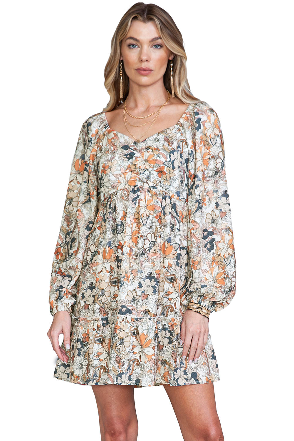 Floral Print Boho Ruched Sweetheart Neck Frilled Dress - Eloy Royal