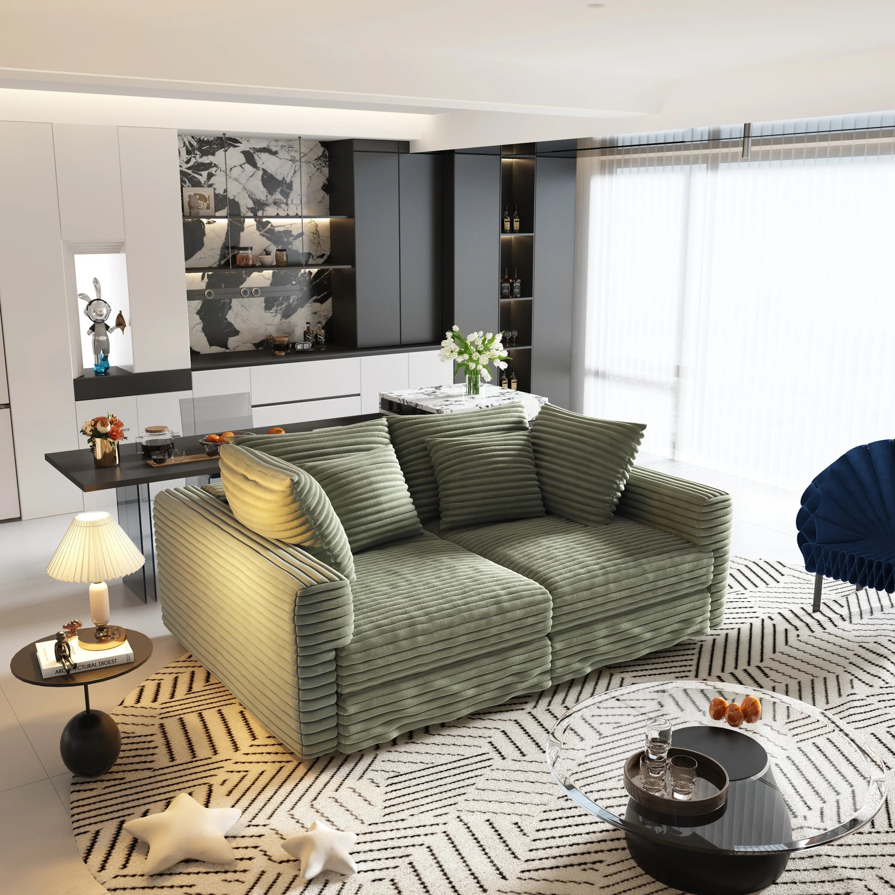 102.4 'Plush Corduroy 4-Seat Sofa,Modern Comfy Upholstered Sofa Cloud Couch,Deep Seat Couches with Soft Pillows and 2 Ottomans,Convertible Sofa Lounge Chair, Green - Eloy Royal