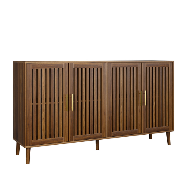 Grille-Striped Walnut Sideboard Buffet Cabinet with Storage