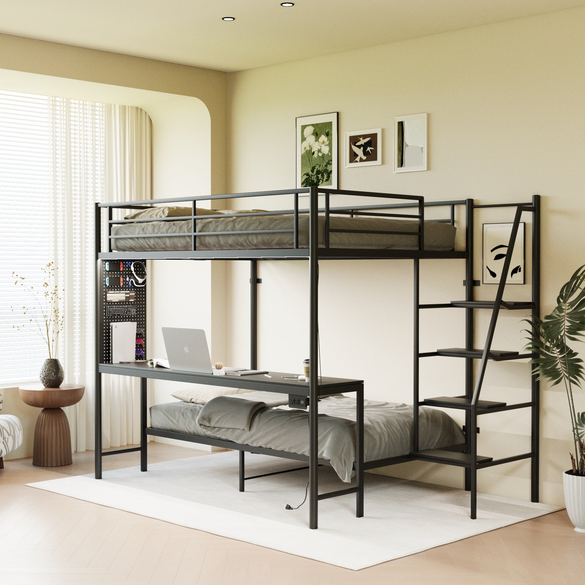 Black full size bunk bed with twin size, LED light and charging socket