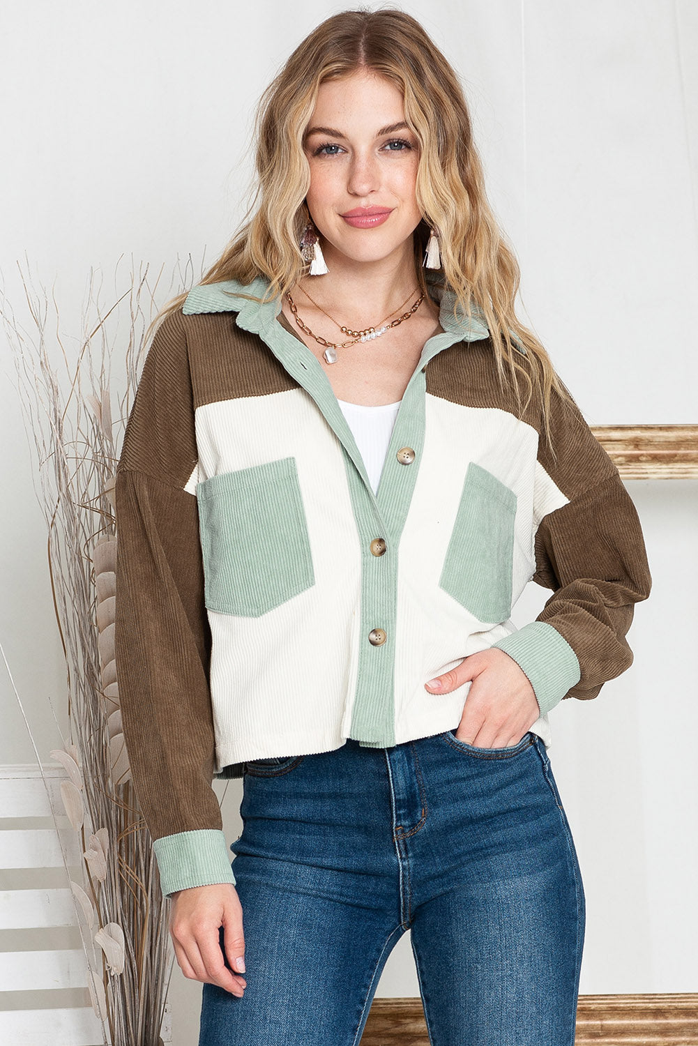 Green Color Block Button Up Cropped Corduroy Jacket - Eloy Royal