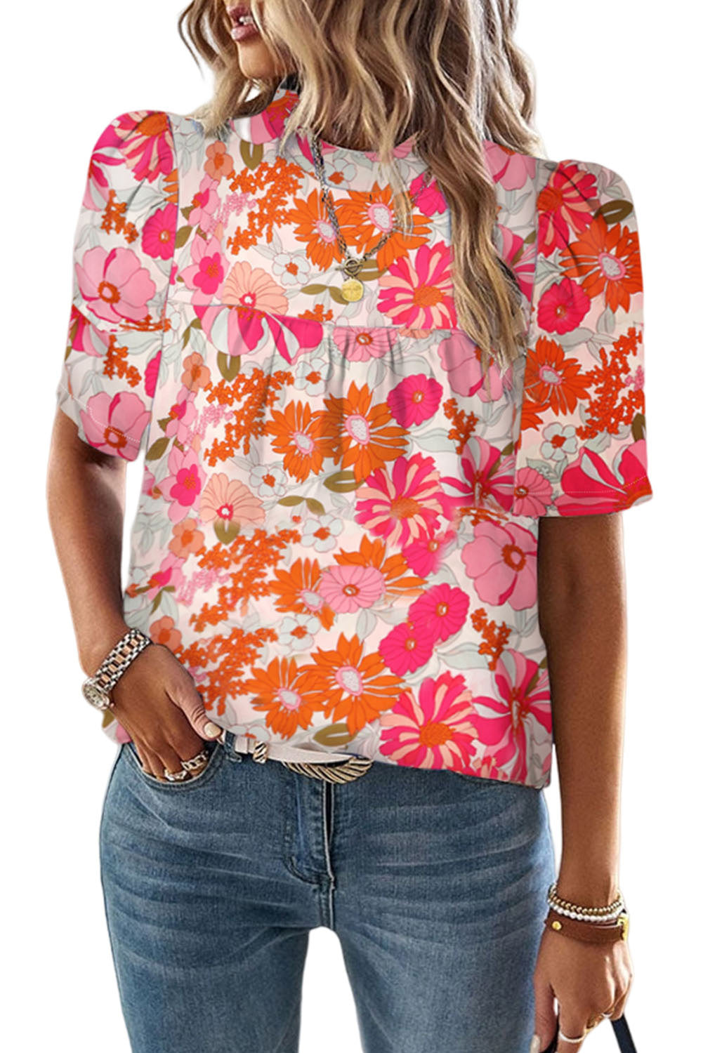 Purple Floral Print Crew Neck Short Sleeve Blouse - Eloy Royal