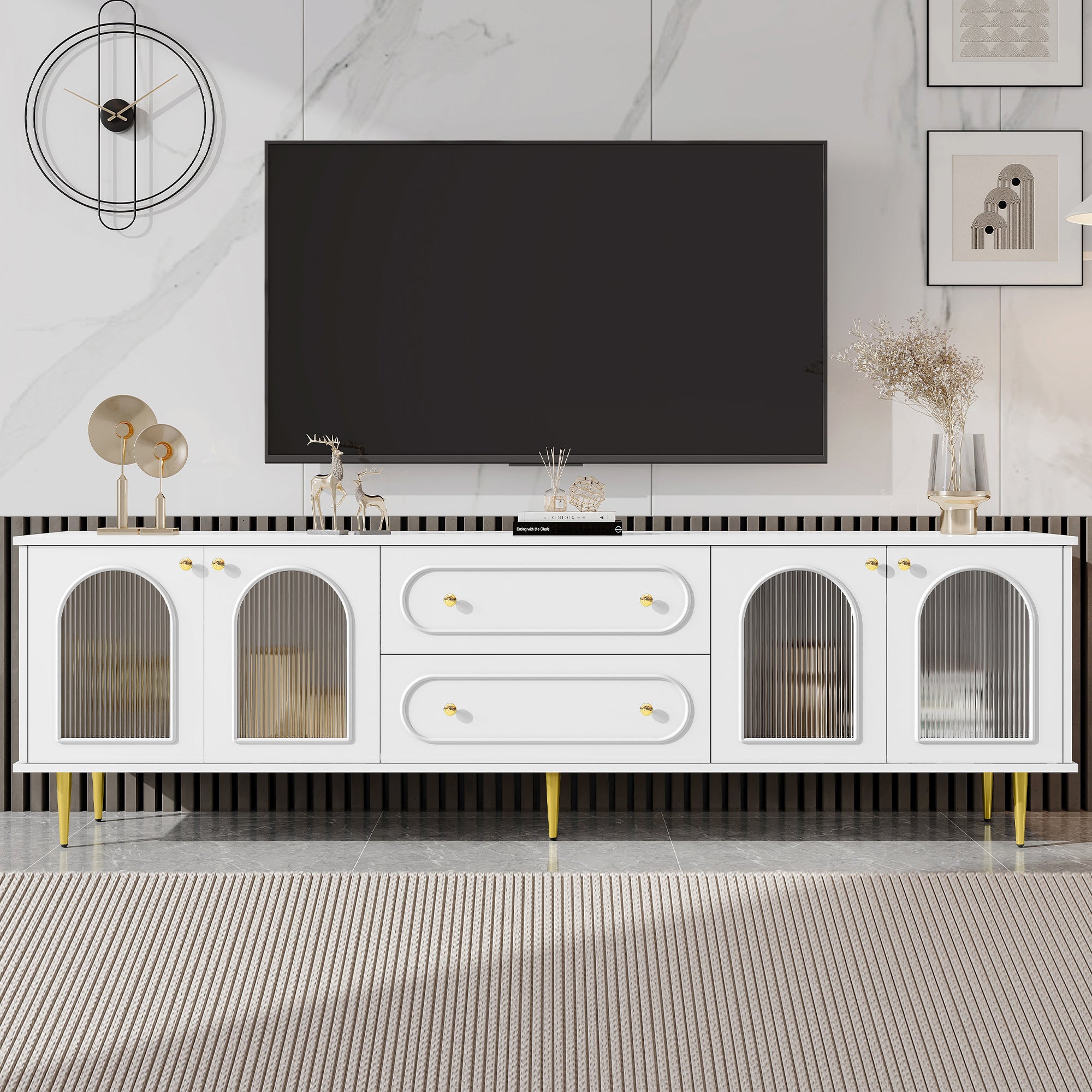 VIBE HAUS 78.7'' Modern TV Stand, TV Cabinet with Five Metal Legs and Metal Handles, 2 Drawers and 2 Cabinets with Fluted Glass Doors For Living room, Up to 80''(OLD SKU: SJ000122AAK)