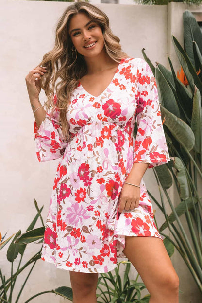 White Floral Print V Neck Flutter Half Sleeve Empire Waist Dress - Eloy Royal