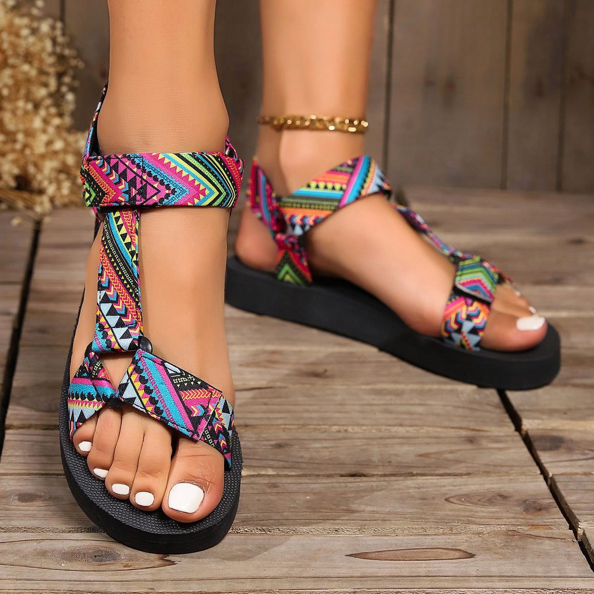 Printed Velcro-design Sandals Summer Ethnic Style Thick Flat Sandals Women's Fashion Casual Beach Shoes - Eloy Royal