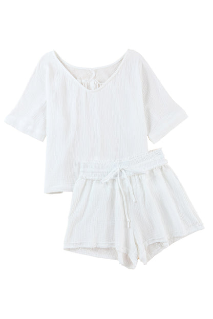 White Loose V Neck Blouse & Drawstring Raw Hem Shorts Set - Eloy Royal