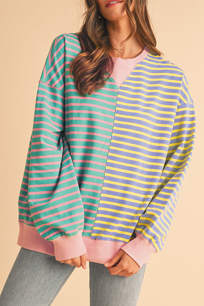 Brown Stripe Colorblock Drop Shoulder Oversize Sweatshirt