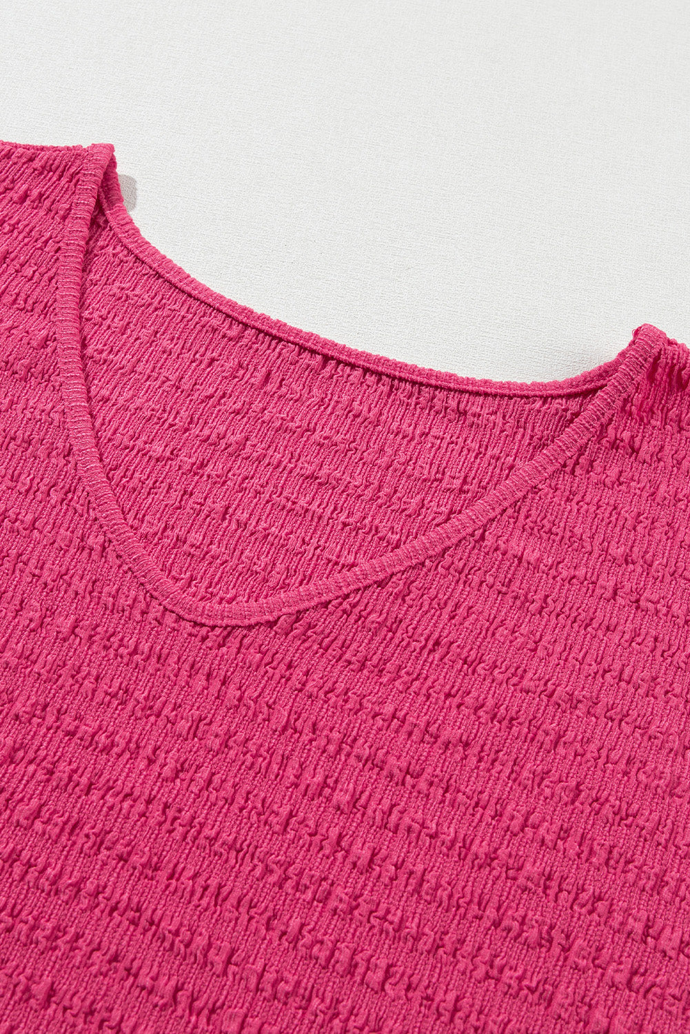 Bright Pink Textured Rolled Short Sleeve V Neck Blouse - Eloy Royal