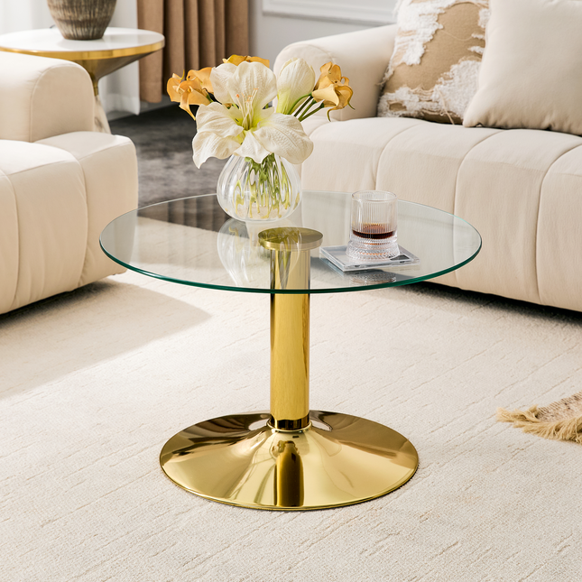 27.5-inch diameter round tempered glass coffee table. 17.7 inches high, supported by a golden metal base, with a light luxury edge.