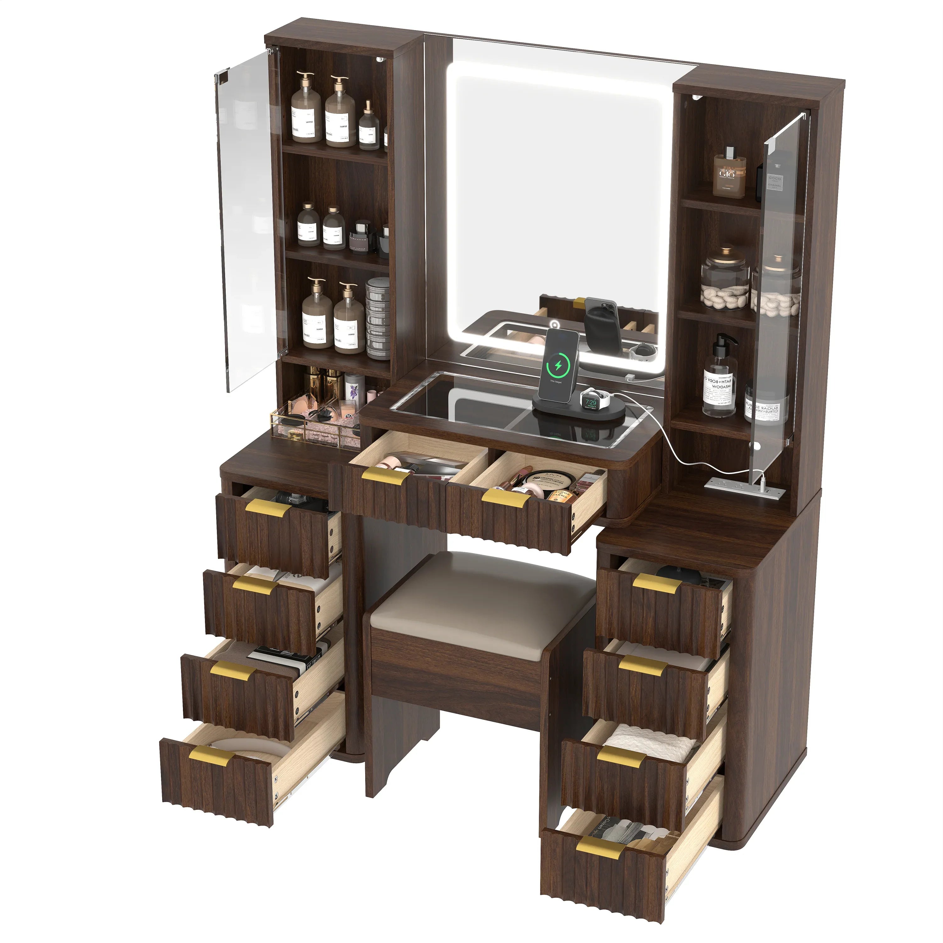 43.5' Fluted Makeup Vanity Desk with Mirror and Lights, Modern Glass Top Vanity Table with 10 Drawers & 2 Transparent Glass Cabinets, Dressing Table Set with Stool and Charging Station, Brown - Eloy Royal