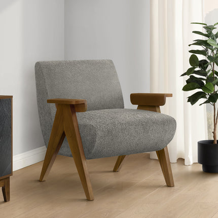 Accent Chair, 31'h, Upholstered, Living Room, Bedroom, Dark Grey Fabric, Brown Walnut Solid Wood, Modern, Mid Century