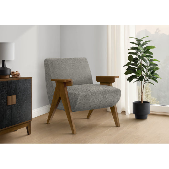 Accent Chair, 31'h, Upholstered, Living Room, Bedroom, Dark Grey Fabric, Brown Walnut Solid Wood, Modern, Mid Century