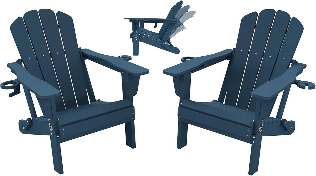 Adjustable HDPE Adirondack Chairs Set of 2, Blue, 3-Position Reclining ,Foldable, Cup & Phone Holders, All-Weather Outdoor
