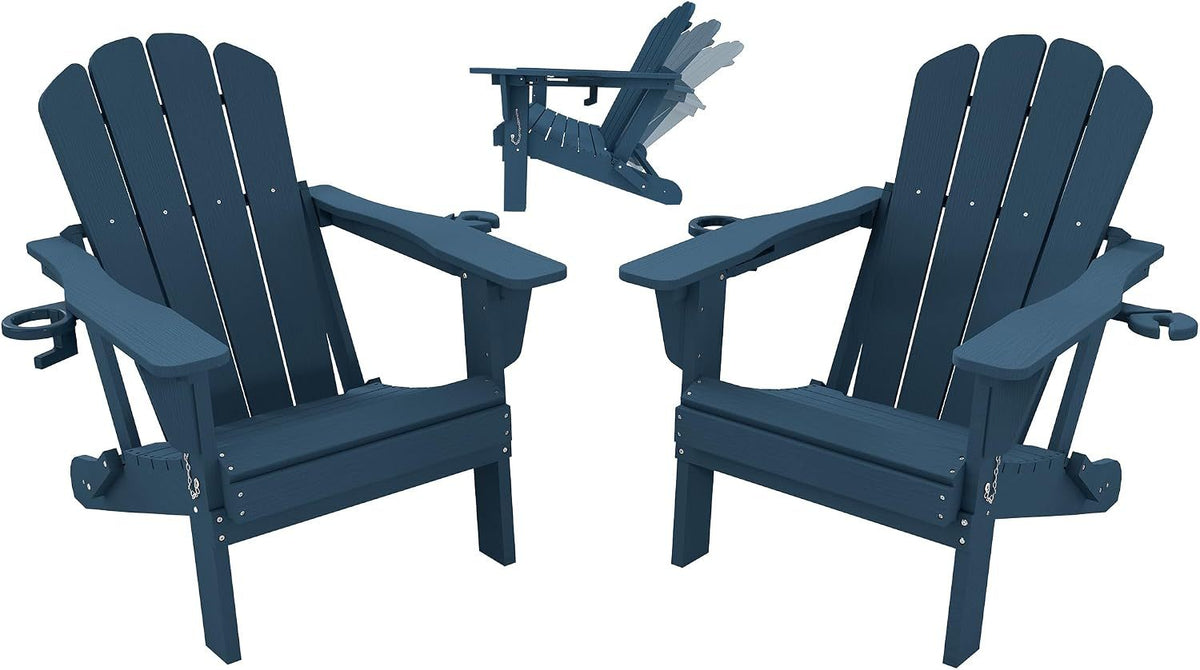 Adjustable HDPE Adirondack Chairs Set of 2, Blue, 3-Position Reclining ,Foldable, Cup & Phone Holders, All-Weather Outdoor