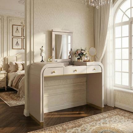 Classic Wood Vanity Desk with Flip Mirror, 3-in-1 Dressing Table with 2 Drawers and Storage Space for Bedroom, Champagne