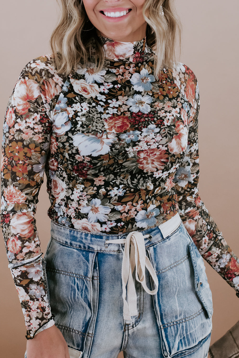 Pink Floral Print Mesh Mock Neck Slim Blouse