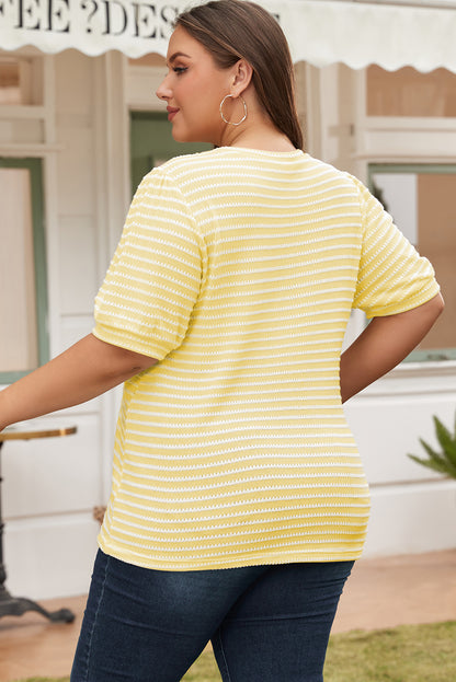 Yellow Stripe Short Puff Sleeve Plus Size Top - Eloy Royal