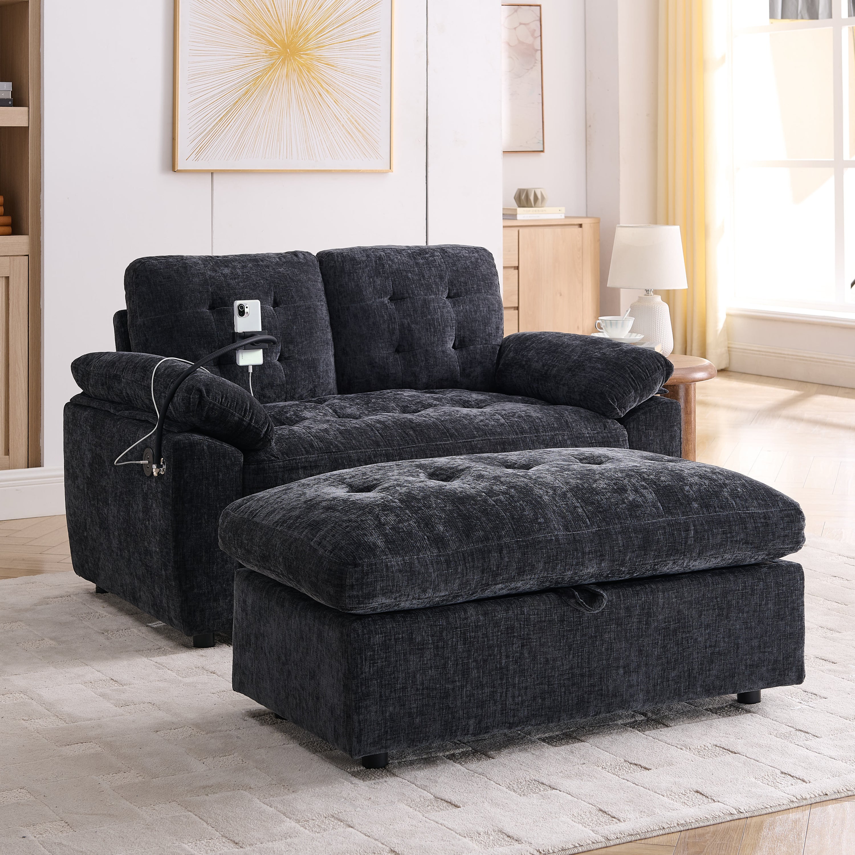 Leisure sofa chair,Double sofa recliner, with manually adjustable backrest, soft padded armrests, side USB charging port and phone stand, comes with a matching storage ottoman-Black