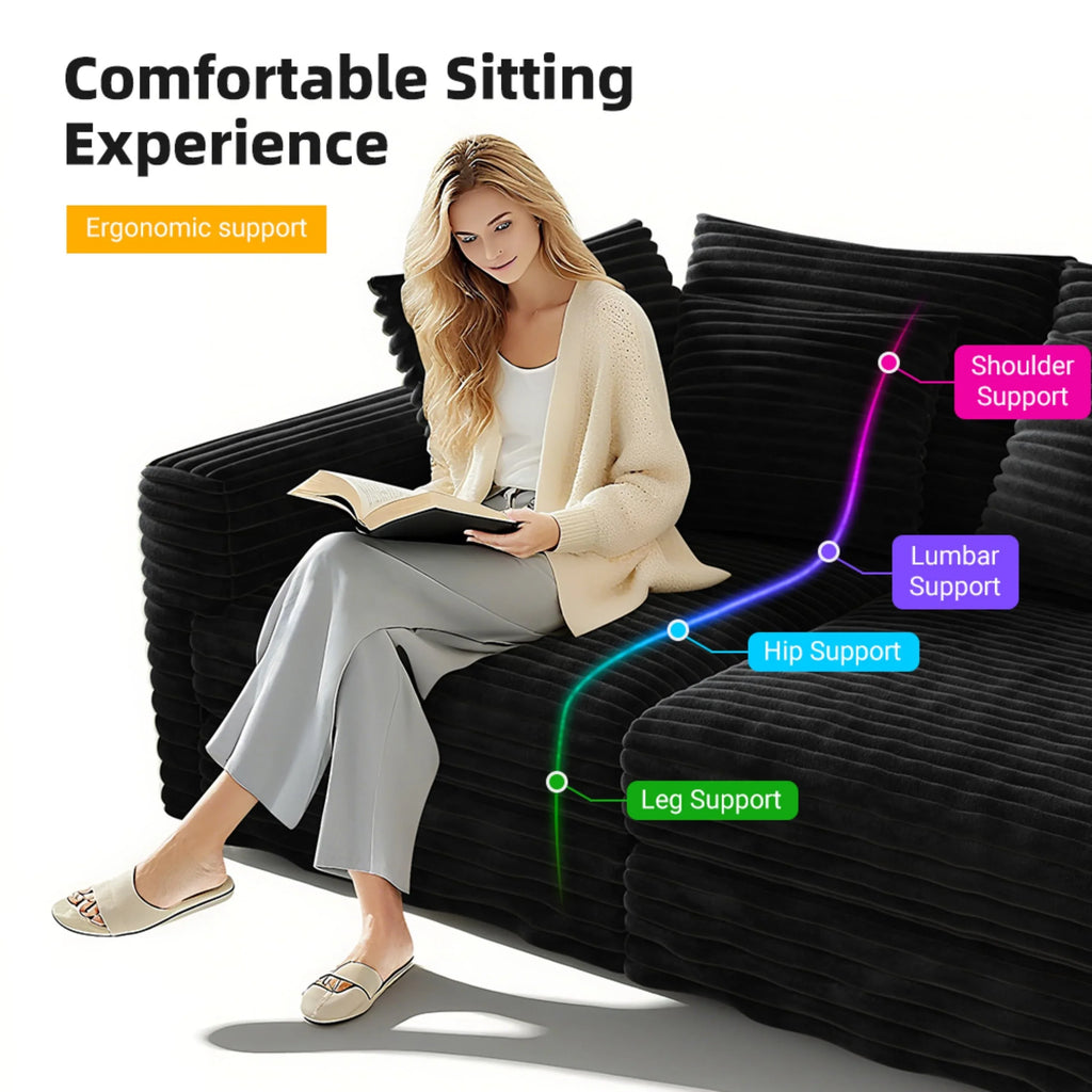 82.7 'Plush Corduroy 3-Seat Sofa,Modern Comfy Upholstered Sofa Cloud Couch,Deep Seat Couches with Soft Pillows and 3 Ottomans,Convertible Sofa Lounge Chair,Black - Eloy Royal