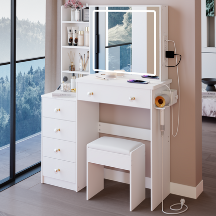37 in Left Bedside Cabinet Vanity Table + Cushioned Stool with Large