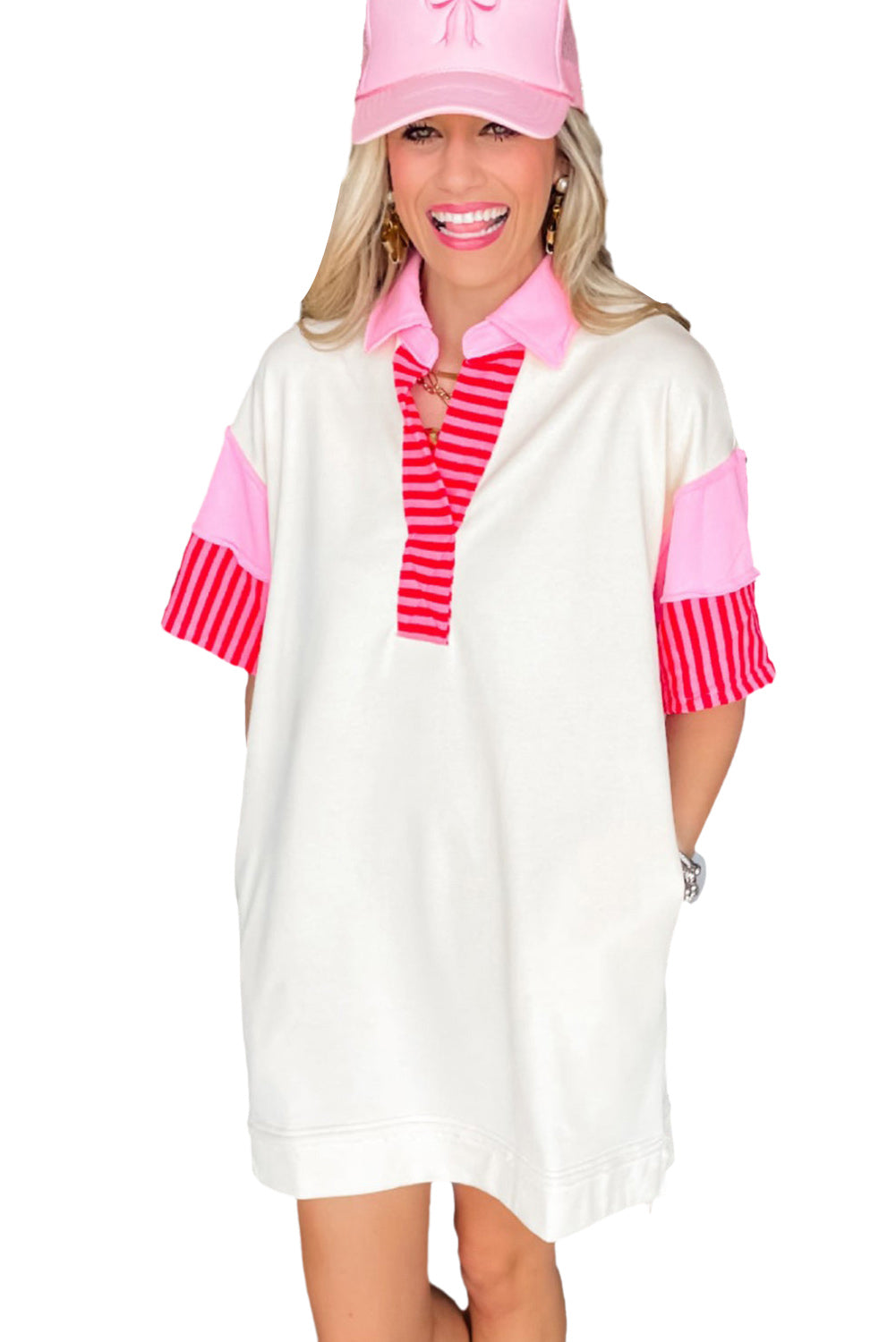 Pink Stripe Colorblock Sleeve Collared Mini Dress - Eloy Royal