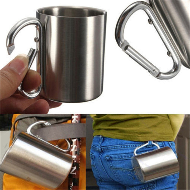 Portable Stainless Steel Cup For Camping Traveling Outdoor Cup With Handle Carabiner Climbing Backpacking Hiking Cups 200ml - Eloy Royal