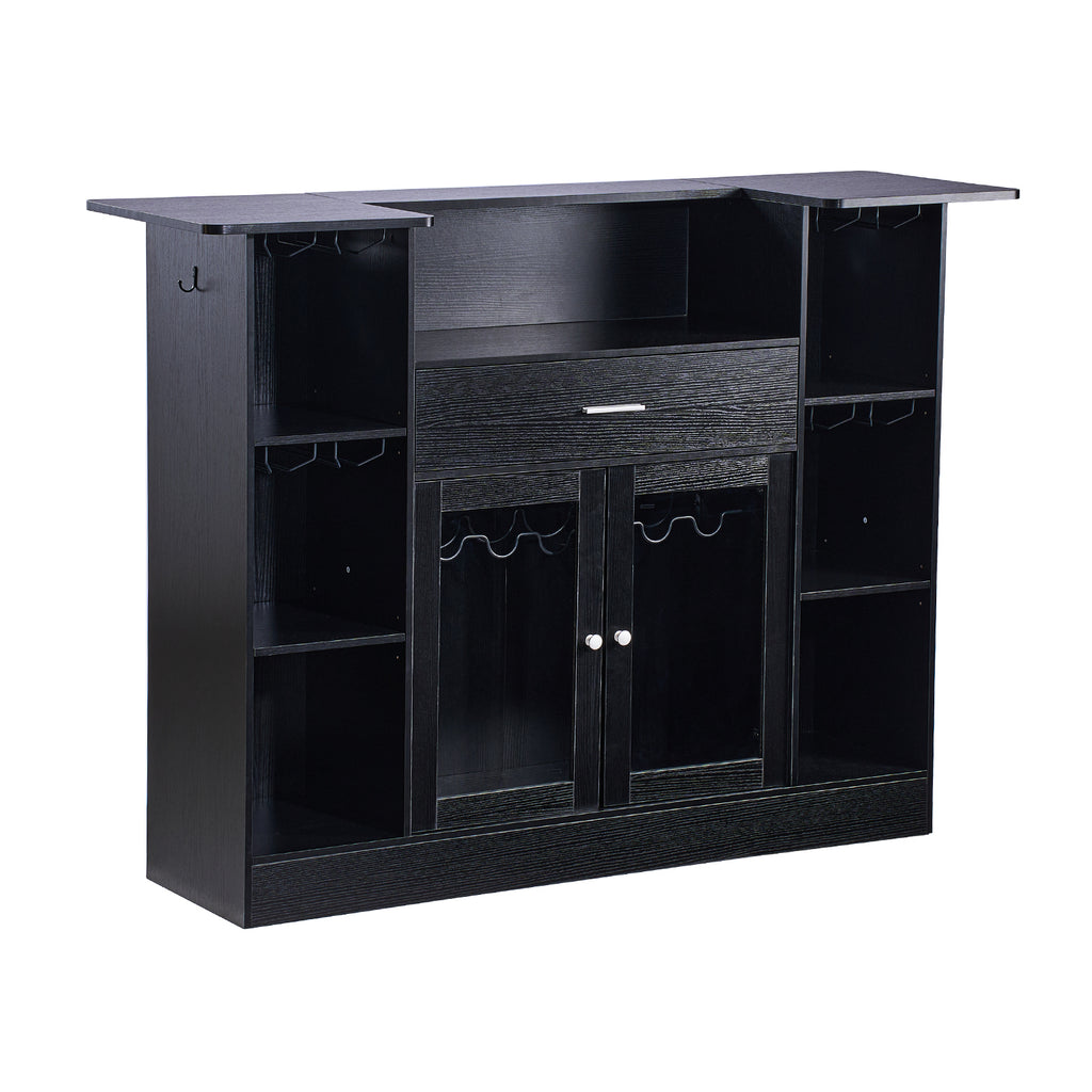 Home Bar Unit, Wine Bar Cabinet Table 4-Tier with Storage Drawer Shelves, Wine Glass Holder, Bottle Rack, LED Light, Wood & Metal Liquor Cabinet for Home, Basement, Kitchen, Living Room, Black