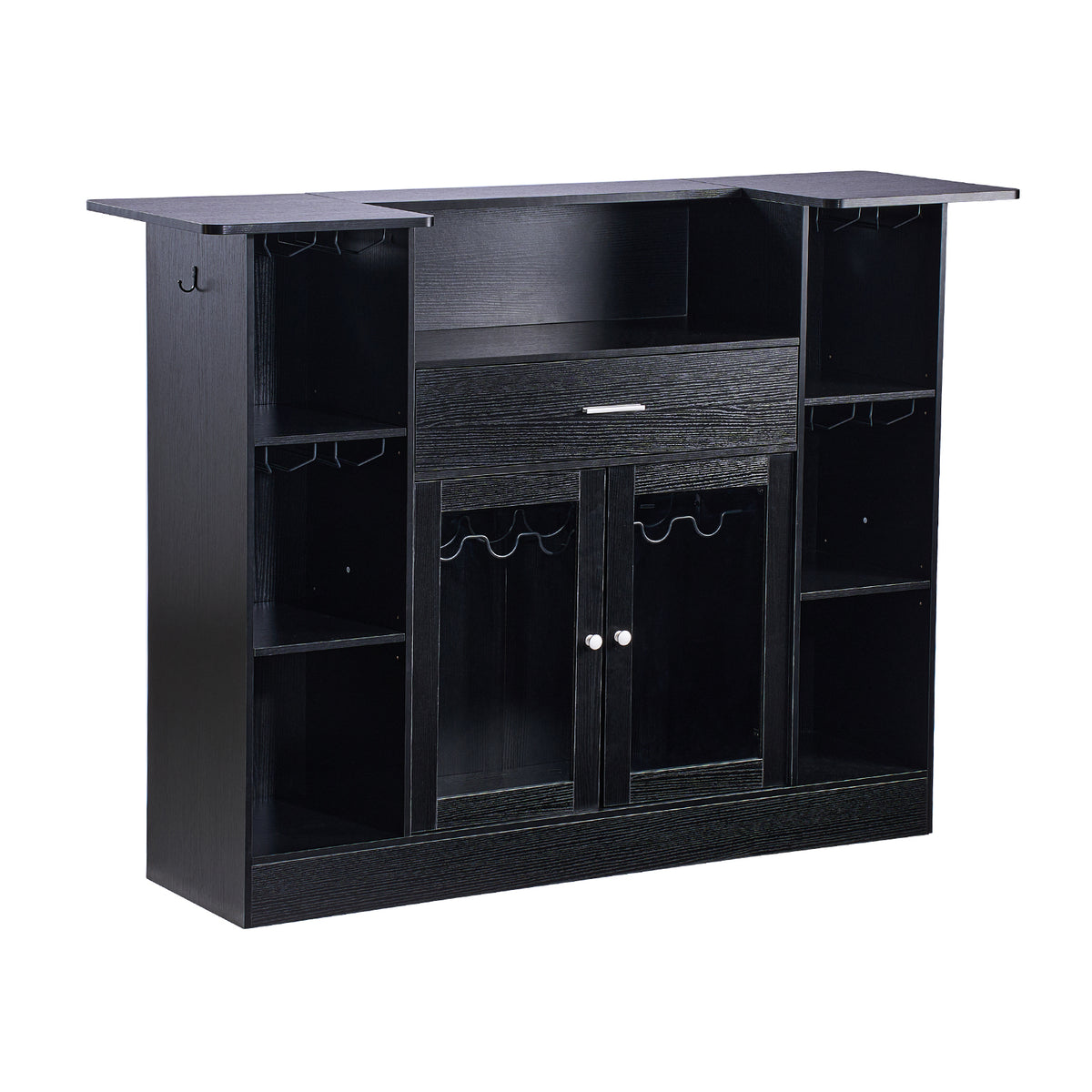 Home Bar Unit, Wine Bar Cabinet Table 4-Tier with Storage Drawer Shelves, Wine Glass Holder, Bottle Rack, LED Light, Wood & Metal Liquor Cabinet for Home, Basement, Kitchen, Living Room, Black