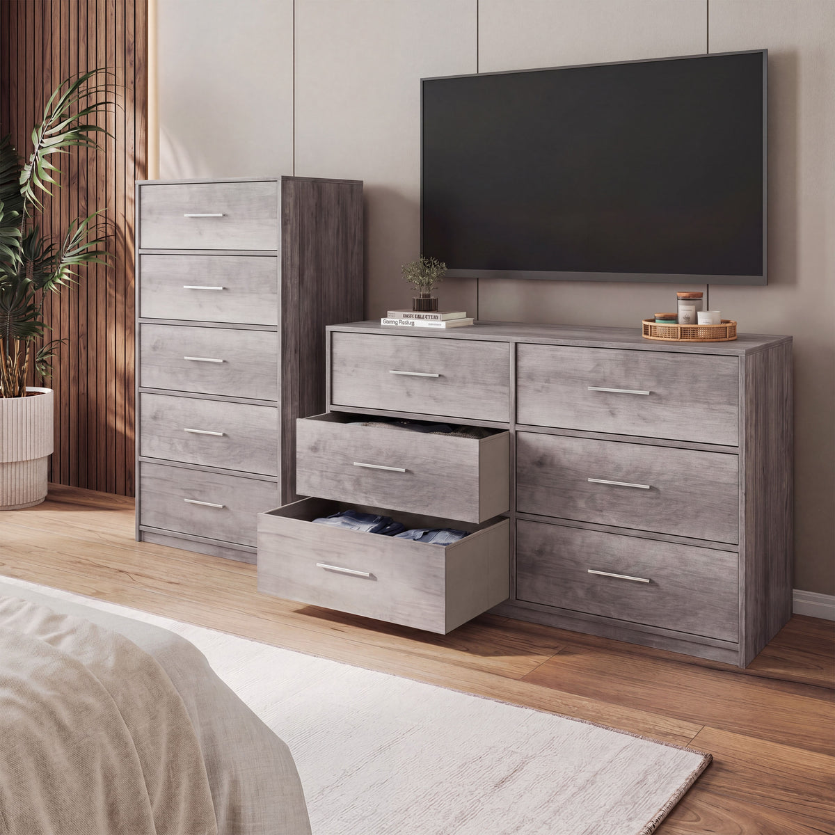 Spacious Wood Frame Dresser with 5 Large Fabric Drawers Drawers for Bedroom, Living Room, Closet, Hallway, or Toy Chest Use, Grey