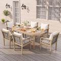 7-Piece Outdoor Acacia Wood Dining Set with Rope-Woven Armchairs, Weather-Resistant Patio Table & Chairs with Cushions,Light teak+Dark grey rope+Cream Beige cushion