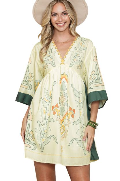 Multicolor Boho Floral V Neck Bell Sleeve Dress - Eloy Royal