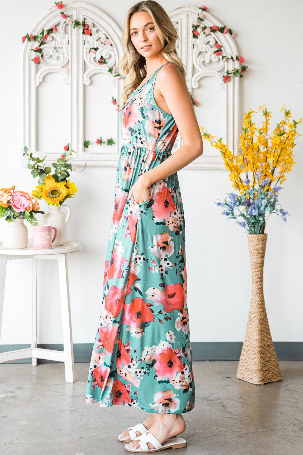 Green Floral Print Sleeveless Maxi Summer Tank Dress - Eloy Royal