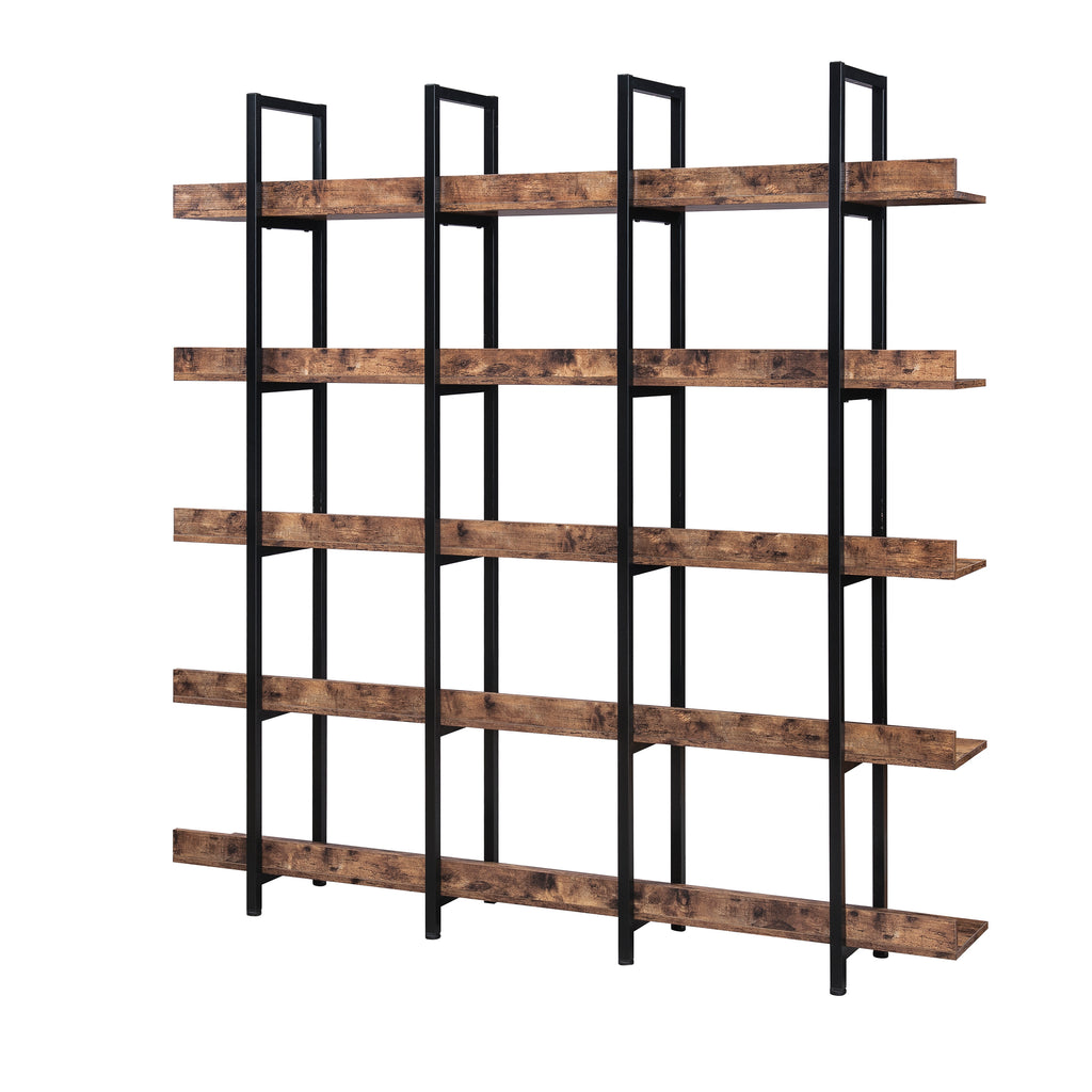 Vintage Industrial 5-Tier Bookcase with Metal Frame, Brown MDF Board Shelf, 70.9in H