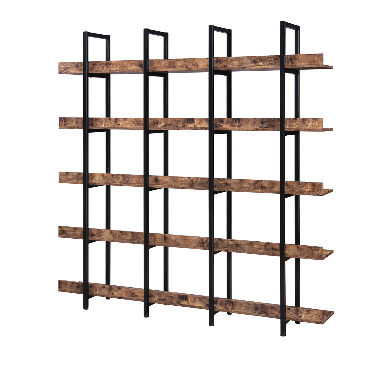 Vintage Industrial 5-Tier Bookcase with Metal Frame, Brown MDF Board Shelf, 70.9in H