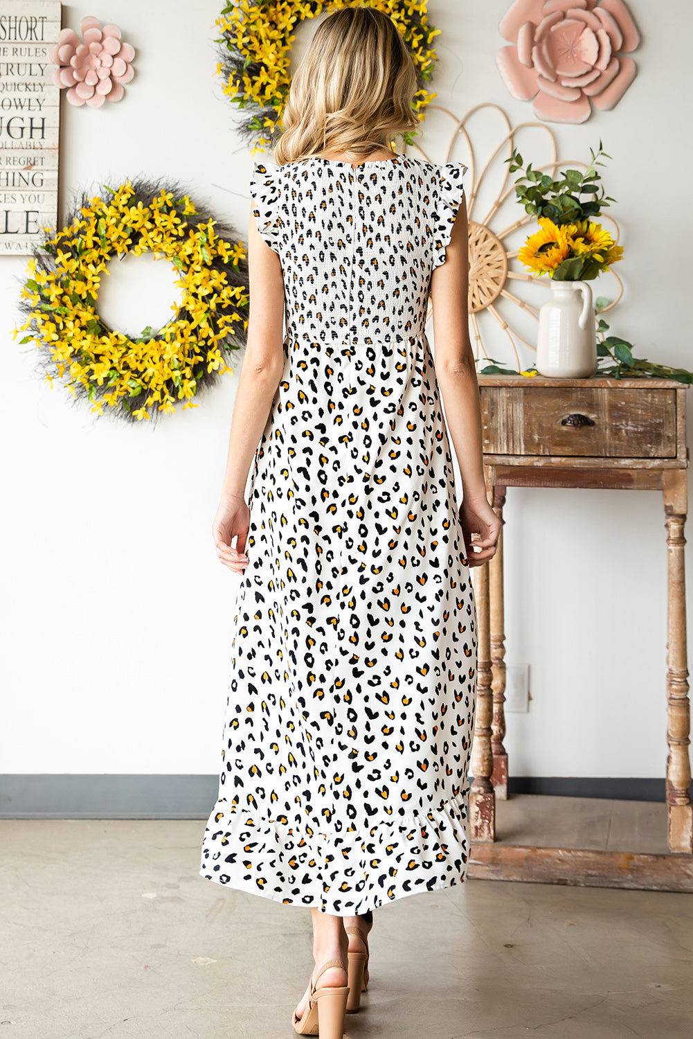 White Smocked Sleeveless High Low Leopard Print Dress - Eloy Royal