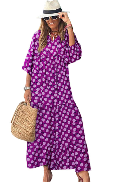 Purple Boho Printed V Neck Puff Sleeve Maxi Dress - Eloy Royal