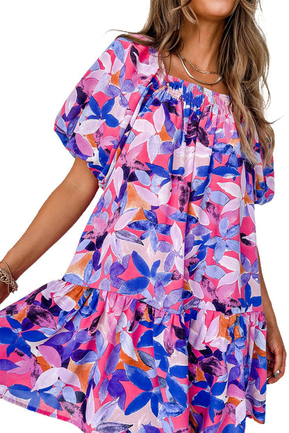 Purple Flower Print Short Puff Sleeve Ruffle Mini Dress - Eloy Royal