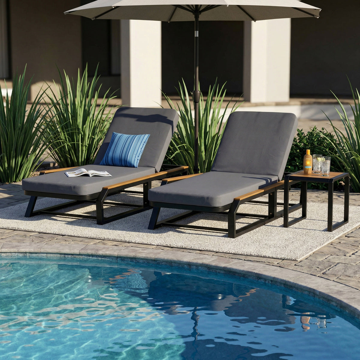 5-Piece Outdoor Chaise Lounge Set, 2 Adjustable Recliners with Grey Cushions + Side Table, Teak Wood Accents, Black Iron Frame for Patio Poolside
