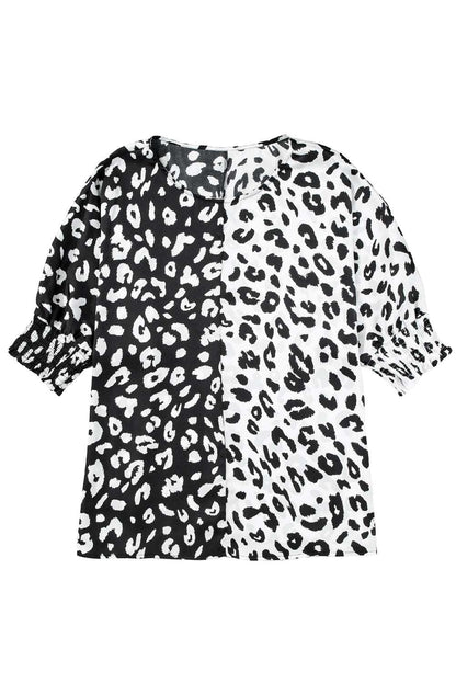 Black Plus Size Contrast Leopard Half Sleeve Blouse