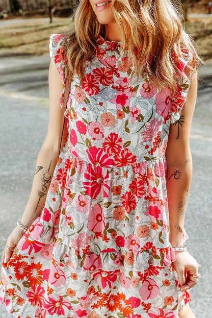 Floral Print Casual Ruffled Sleeveless Tiered Short Dress - Eloy Royal