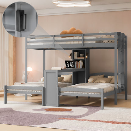 Twin over Twin&Twin Bunk Bed with Built-in Desk and Storage Shelves with