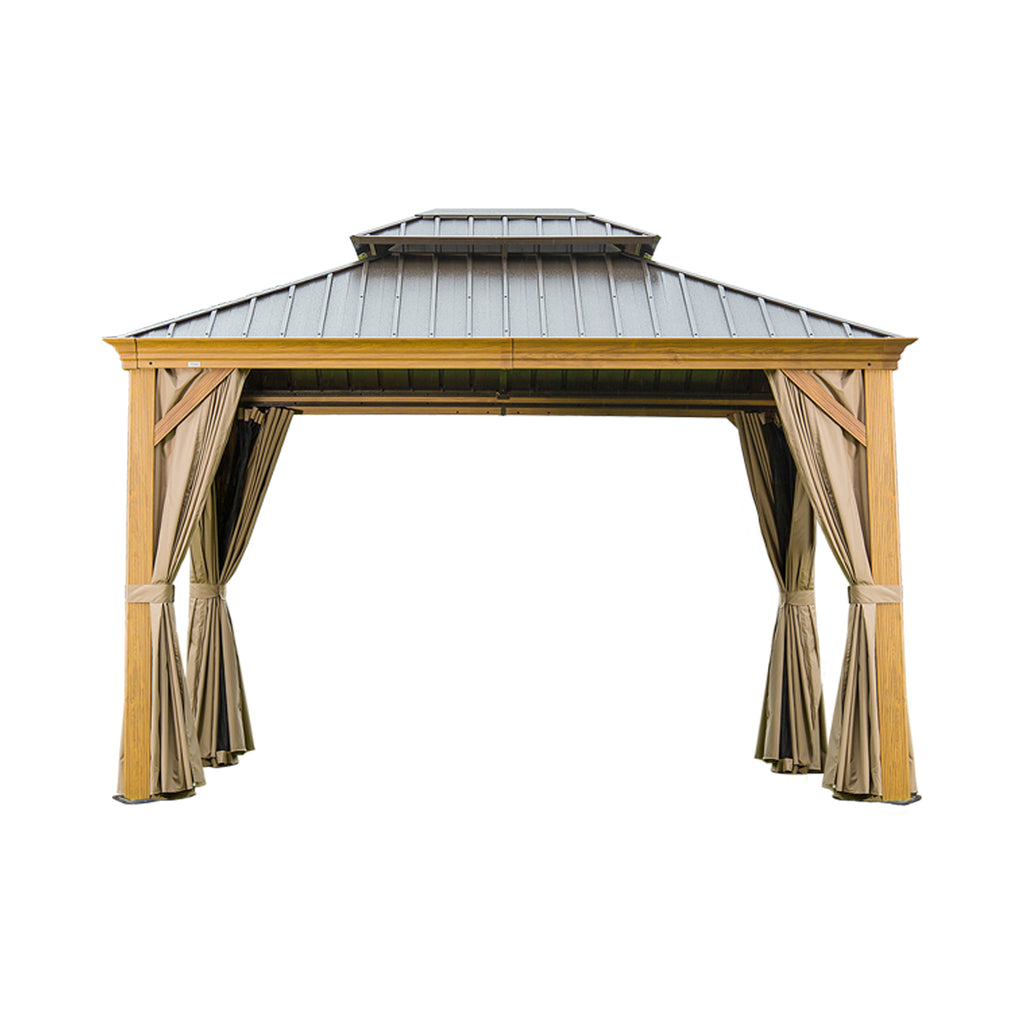 10' X 14' Hardtop Gazebo Outdoor Metal Gazebo Canopy with Galvanized Steel Double Roof, Wood Grain Aluminum Frame, Curtains and Netting for Patio, Deck, Garden