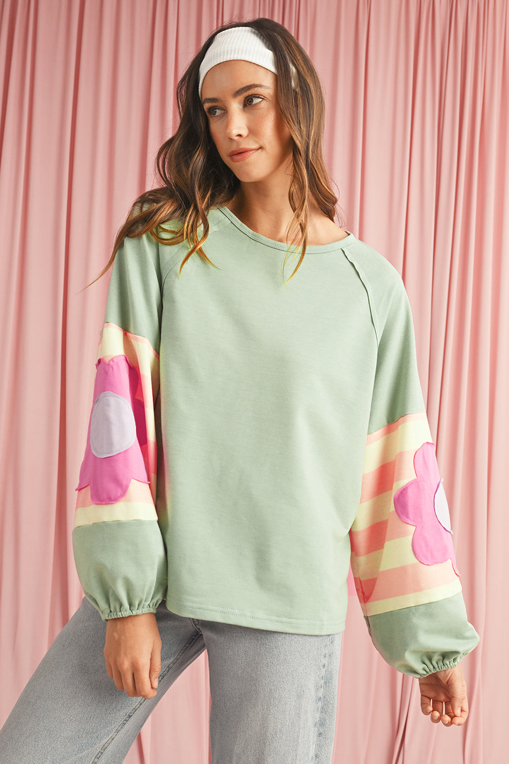 Smoke Green Flower Patchwork Exposed Seam Raglan Sleeve Top