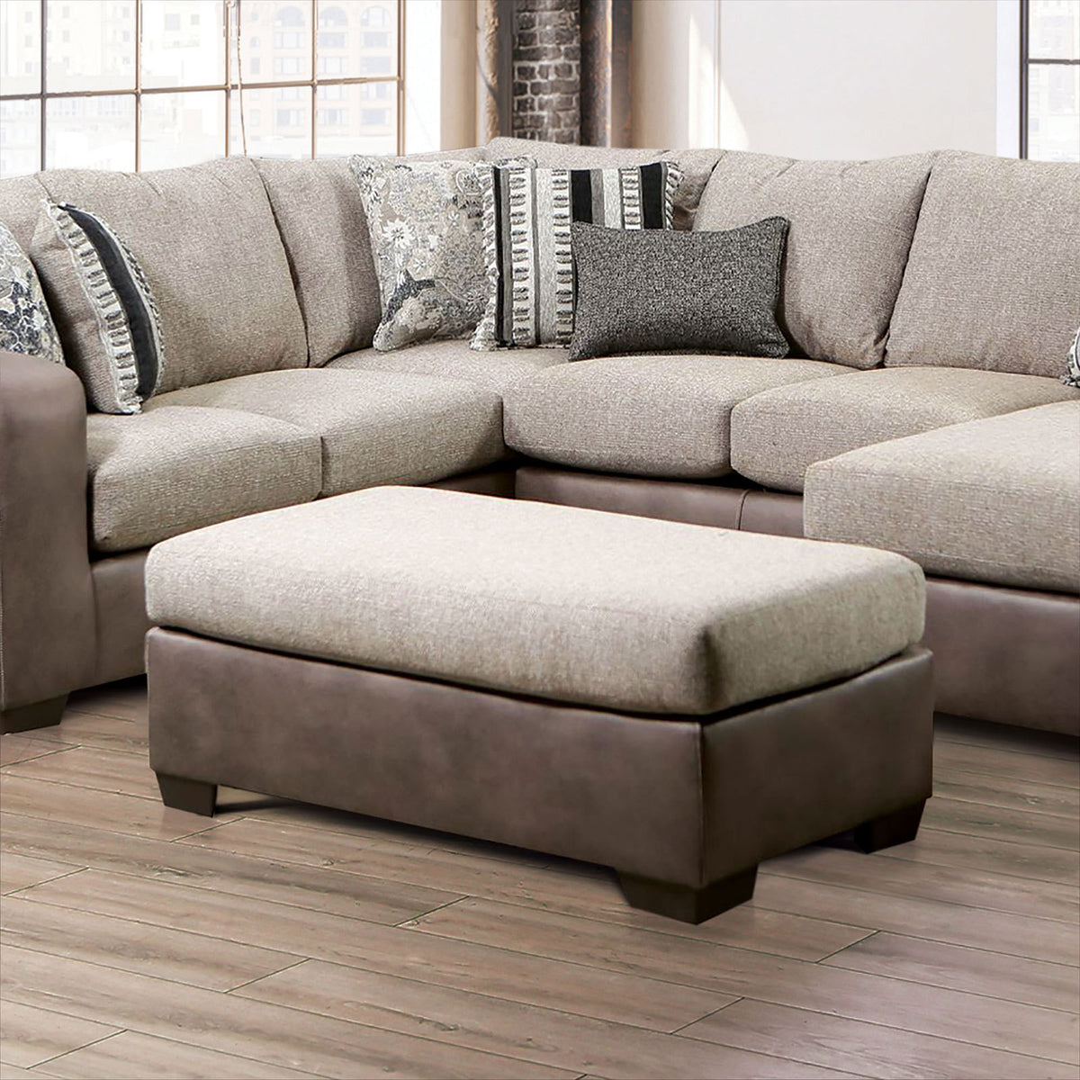 Upholstery Ottoman Contemporary Style Brown And Light Brown Finish Two Tone And Tapered Plastic Legs