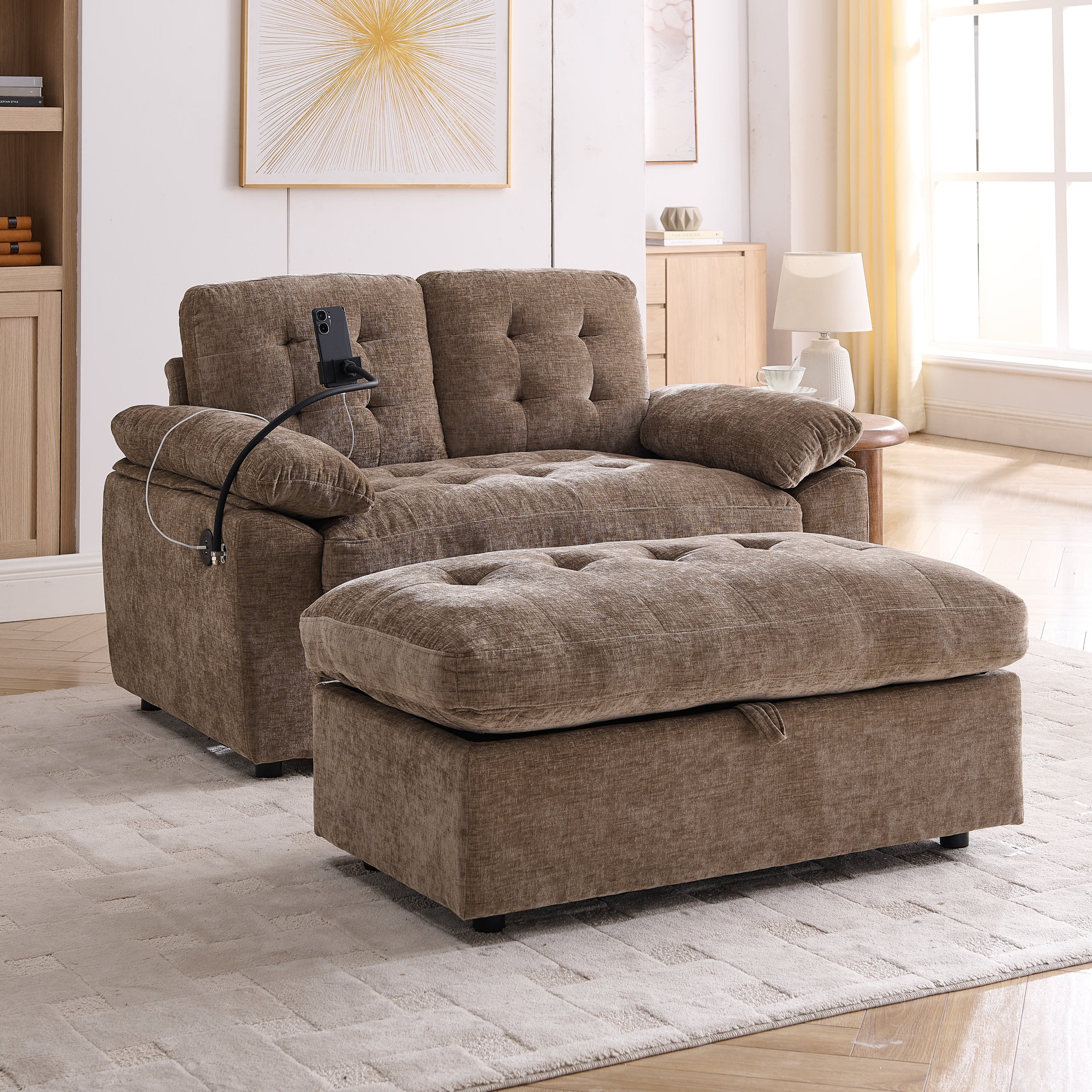 Leisure sofa chair,Double sofa recliner, with manually adjustable backrest, soft padded armrests, side USB charging port and phone stand, comes with a matching storage ottoman-Brown