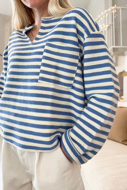 Sky Blue Stripe Pocket Buttoned Back Notched V Neck Top