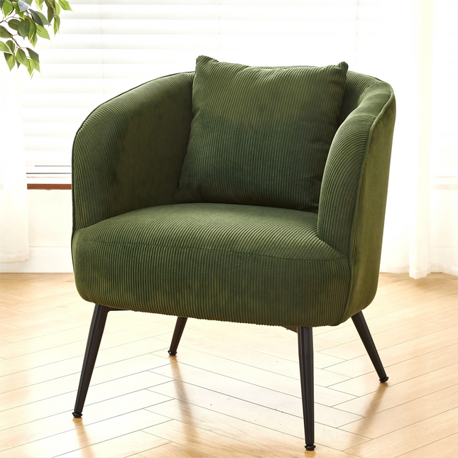 Velvet Accent Chair with Pillow, Modern Upholstered Armchair with Metal Legs, Comfy Barrel Chair for Living Room Bedroom